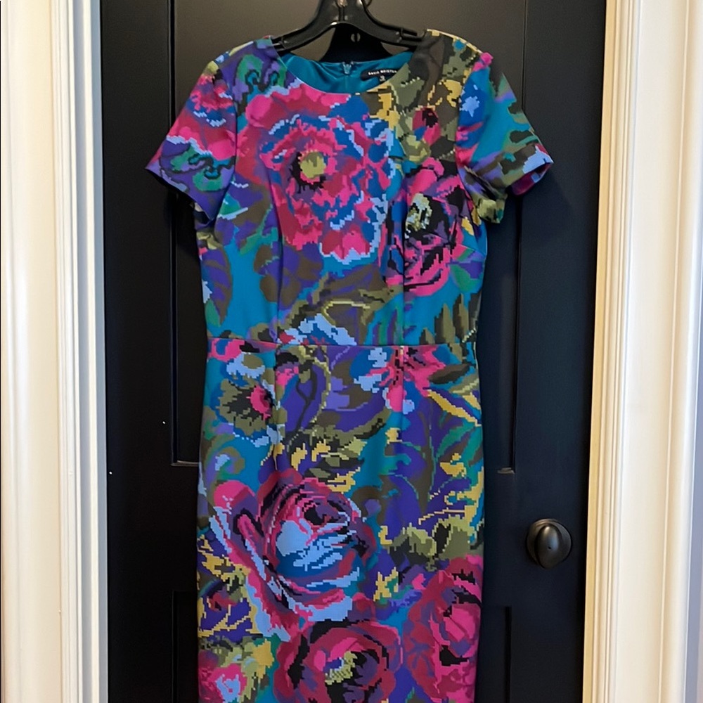 David Meister Blue Sheath Dress with Crew Neck for Cocktail Party or Wedding.